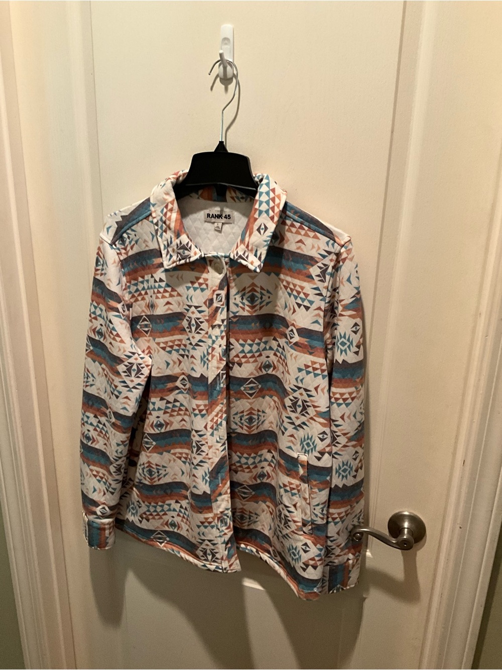 RANK-45 Women's Aztec Print Blazer Jacket in White with Blue & Brown